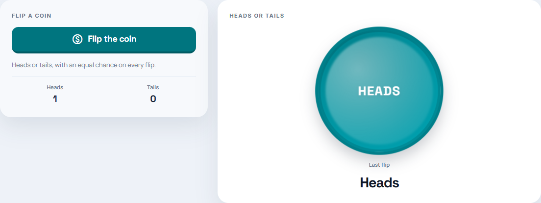 The coin-flip tool after a completed flip, with its result and Heads/Tails session counters.