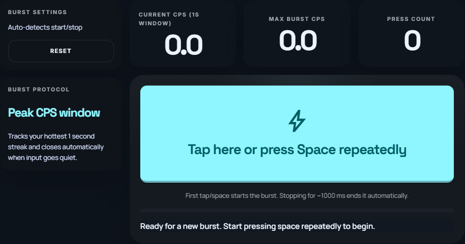 Burst speed test interface showing short duration controls.