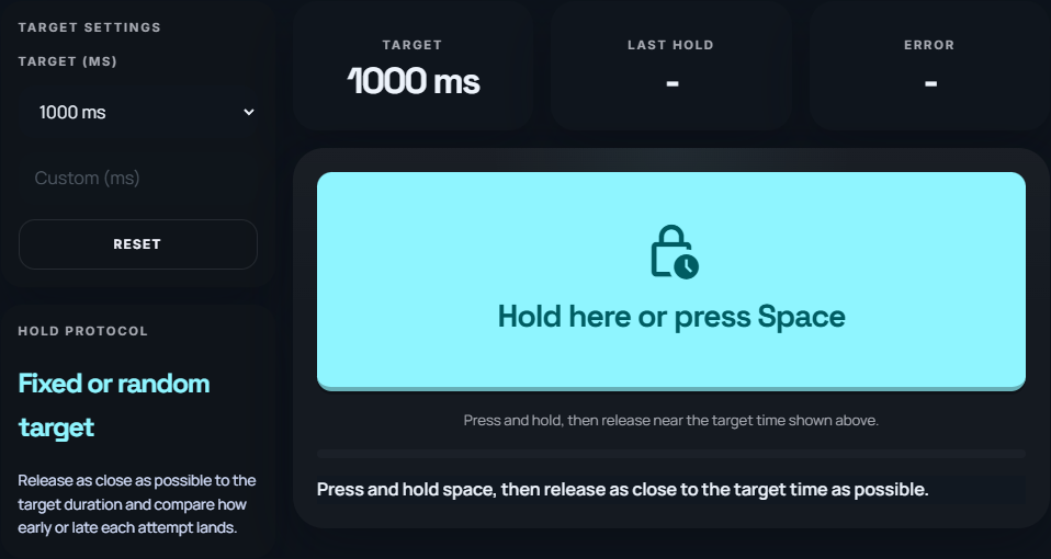 Hold and release mode interface with timing controls.