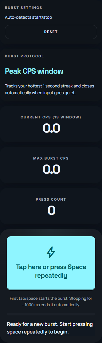 Mobile burst test view with short duration options.