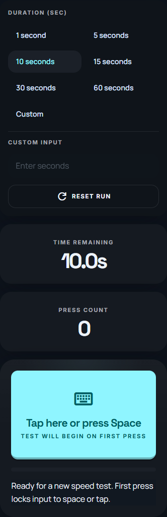 Mobile view of the spacebar speed test with a large tap button.
