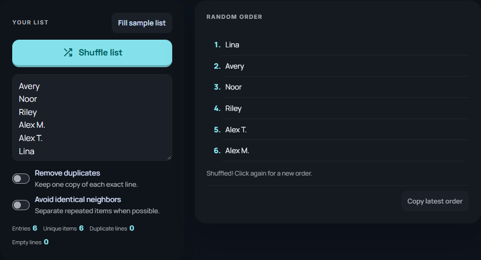 List Randomizer tool for ordering a set of names.