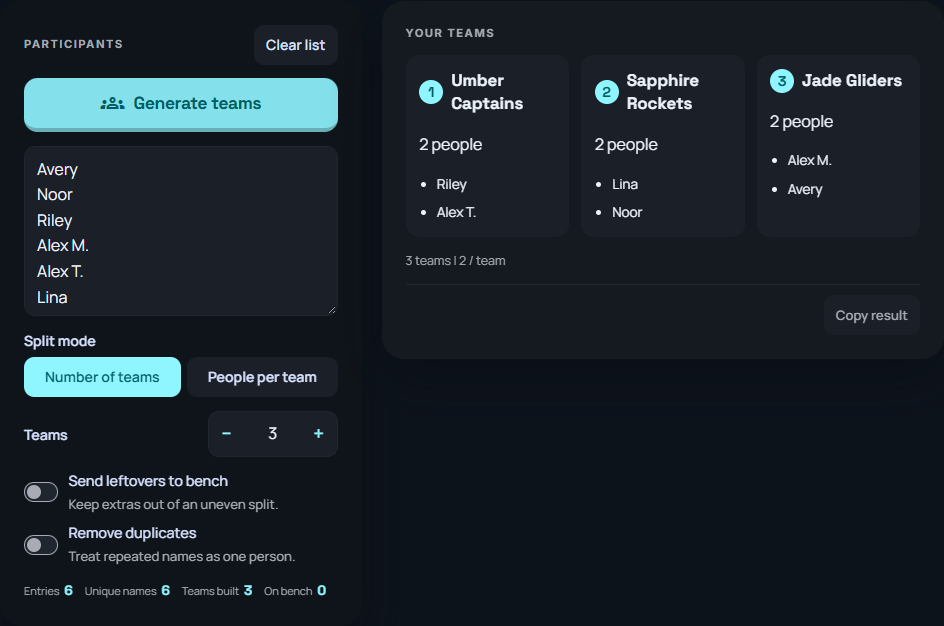 Team generator tool showing grouped results.