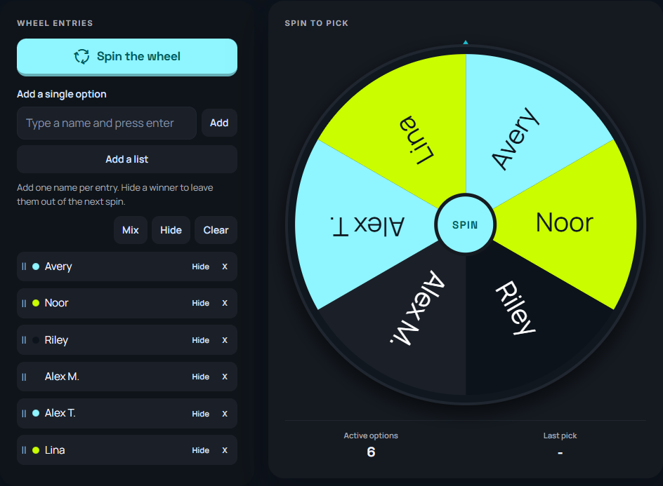 Wheel spinner tool with an option list and spin control.
