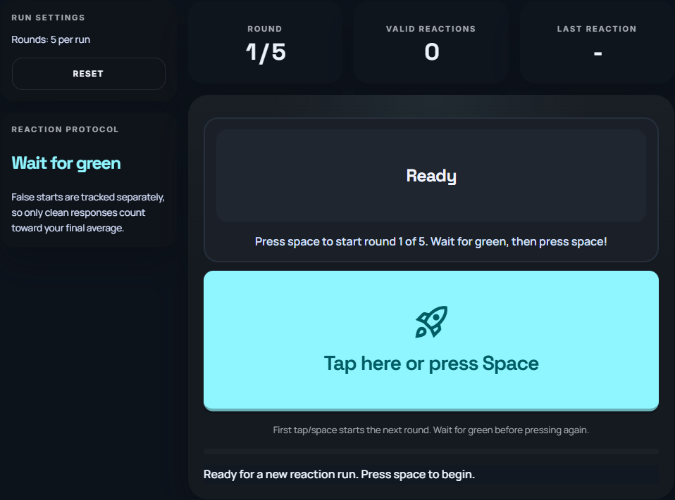 Reaction time test interface showing the round counter and the start prompt.
