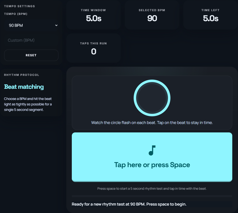 Rhythm mode interface showing timing results after a tapping session.