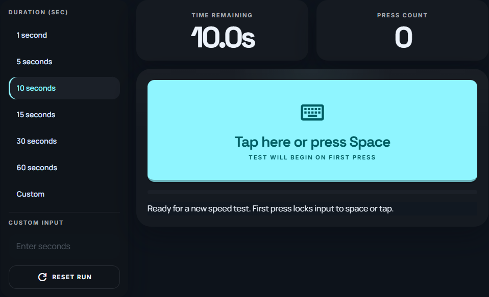 Spacebar speed test controls showing duration selection and the tap area.