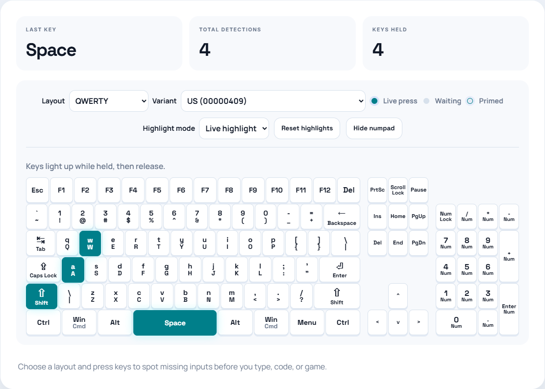 The keyboard tester displaying W, A, left Shift and Space held at the same time.