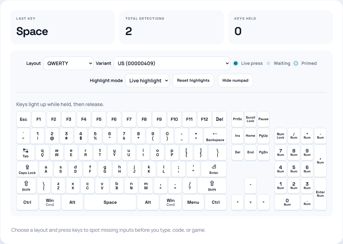 The keyboard tester with the layout selector, visible keyboard and last-key, total-key and held-key displays.