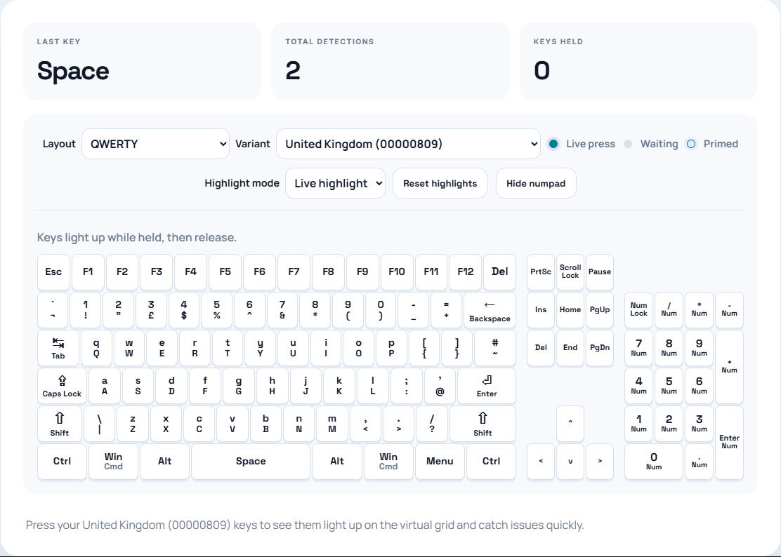 The UK keyboard tester with its layout controls and visible key positions.