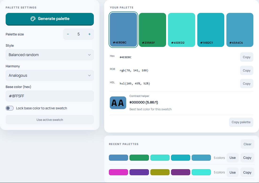 The color generator with five swatches, a selected color, and the black-or-white Contrast helper.