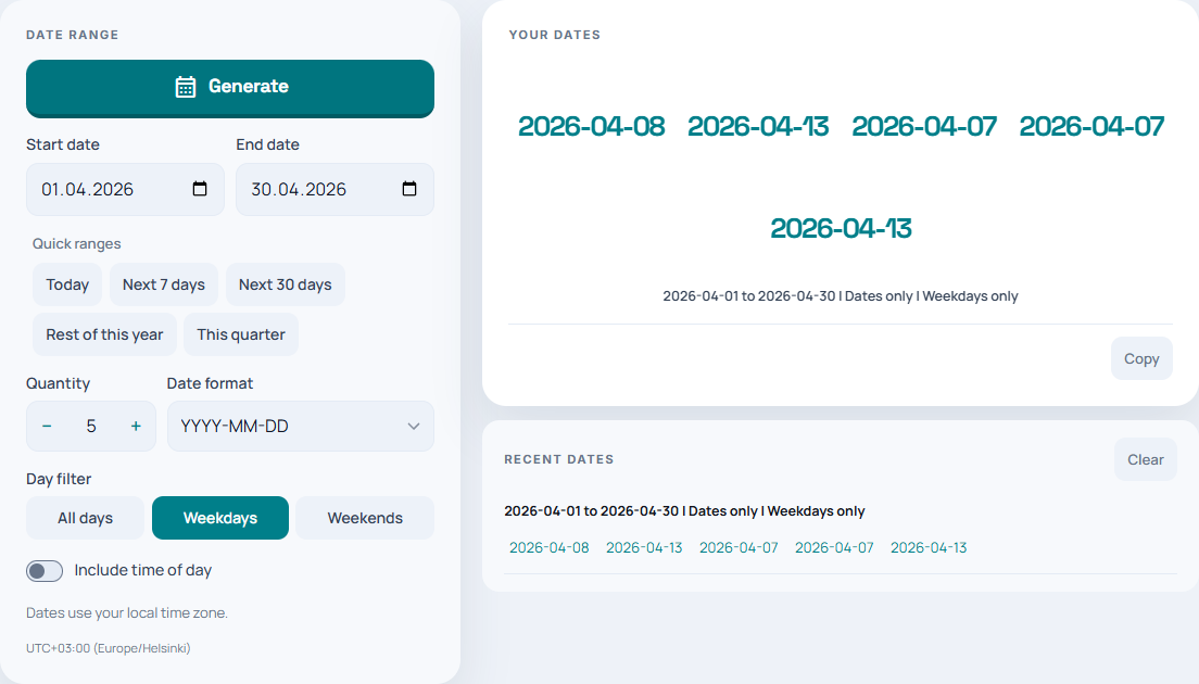 The date generator showing an April date range, weekdays-only filtering and five generated dates.