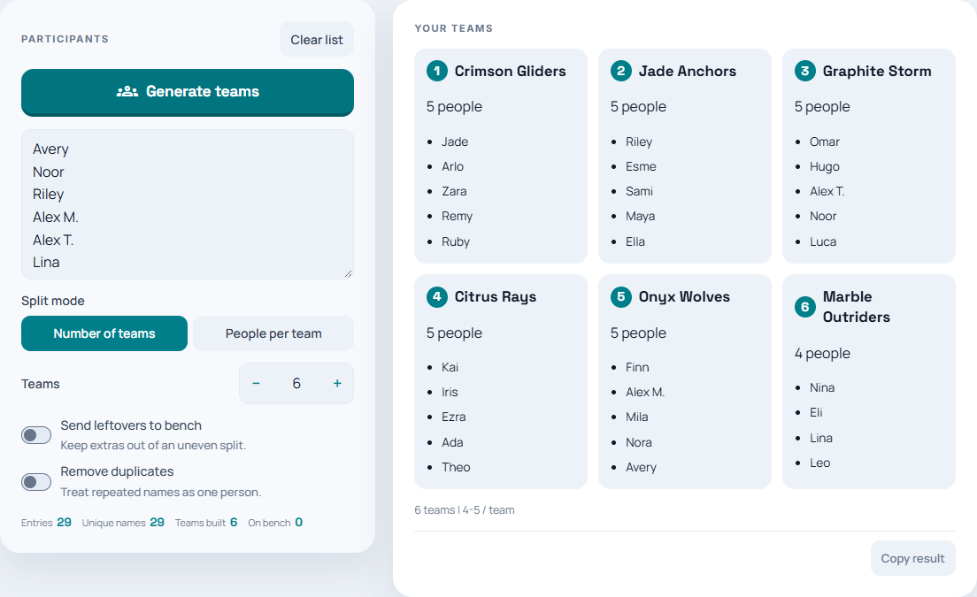 The team generator showing 29 fictional students assigned to six groups of four or five.