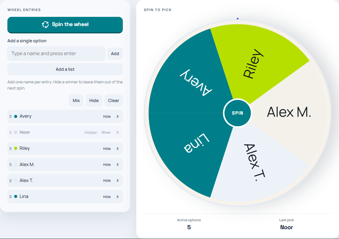 The wheel spinner containing a fictional class list, with one selected student hidden from the active wheel.