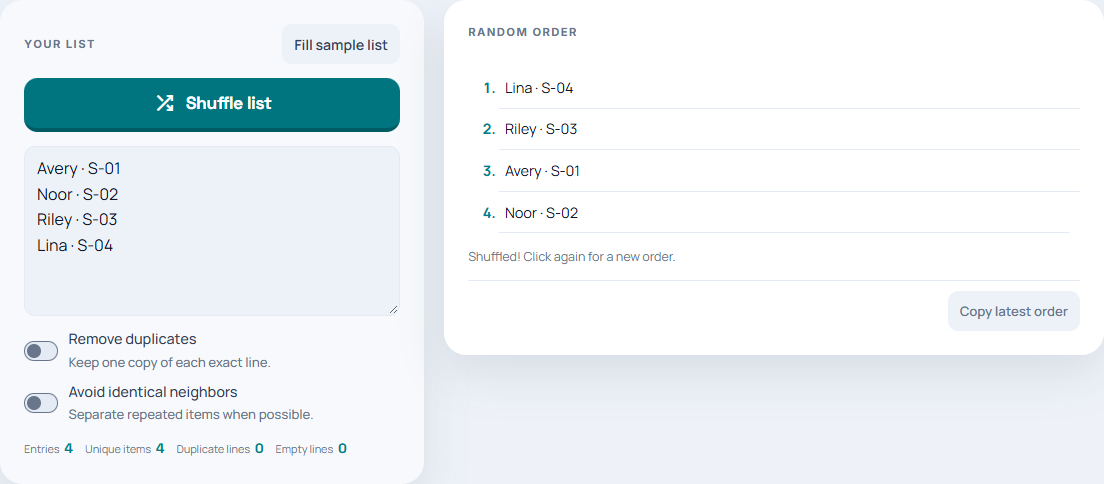 The list randomizer with four named student IDs and a shuffled output that preserves each line.