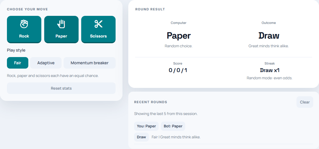 The rock paper scissors game in Fair mode after a completed round, with both moves and the score visible.