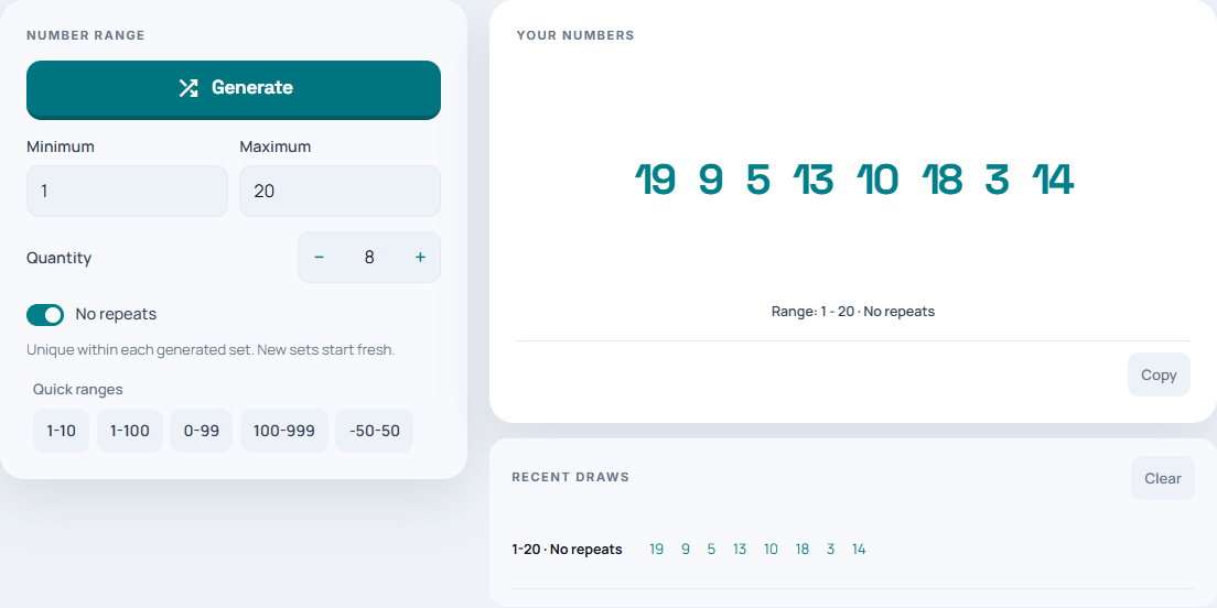 The random number generator with minimum 1, maximum 20, quantity 8 and No repeats enabled.