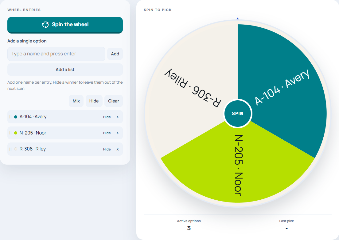 The wheel spinner containing three distinct fictional entry IDs and matching active-option count.