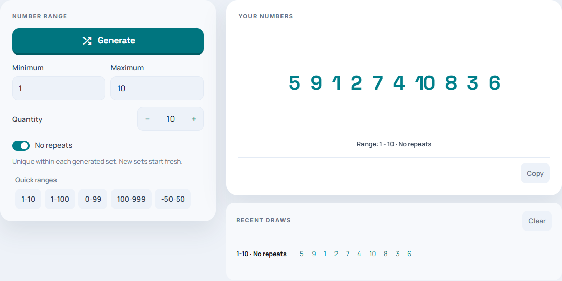 The number generator with No repeats enabled, quantity 10, and ten distinct results from 1 to 10.