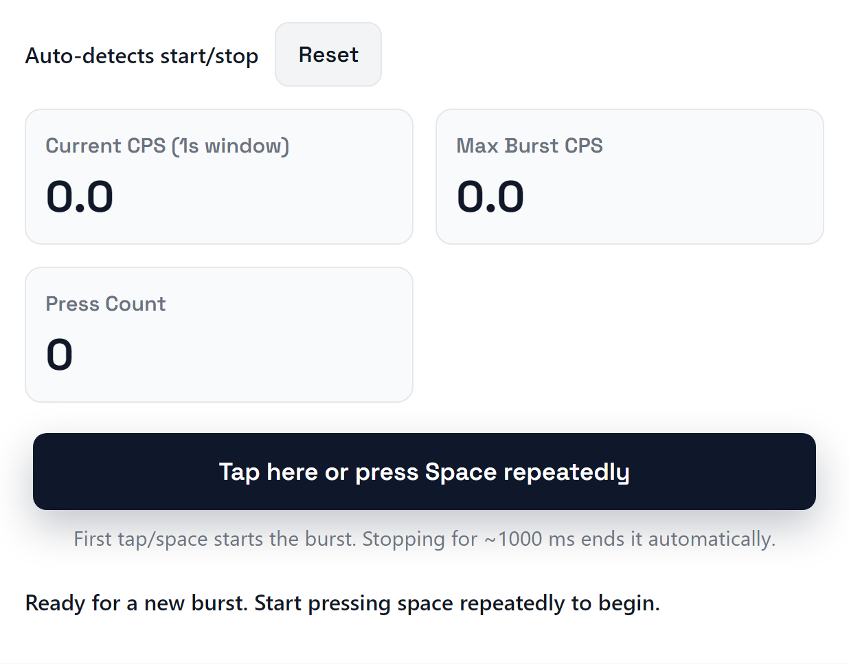 Burst speed test interface showing short duration controls.