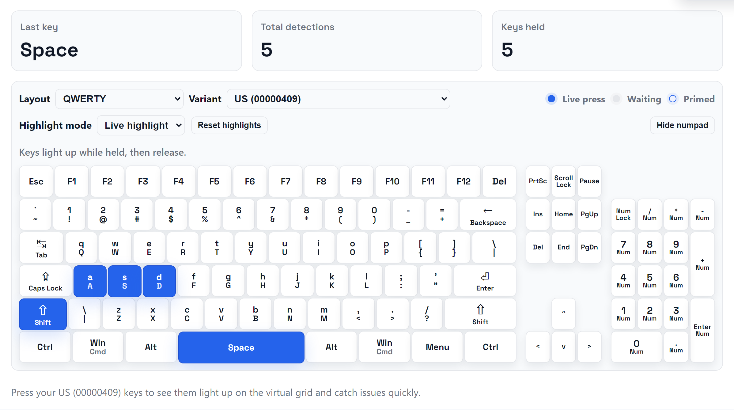 Keyboard tester with multiple keys highlighted to demonstrate rollover testing.