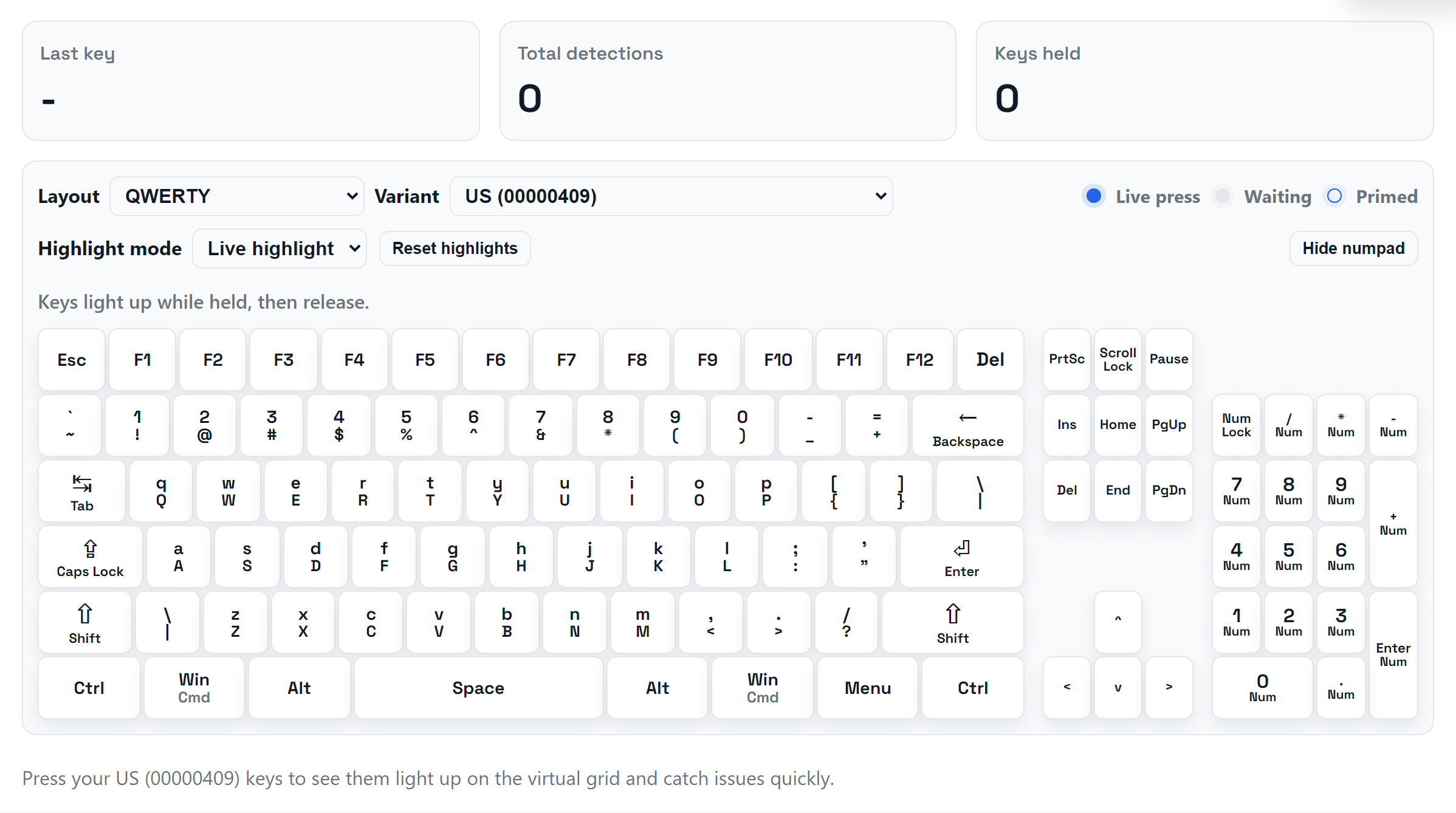 Keyboard tester interface showing layout selection and the virtual keyboard.