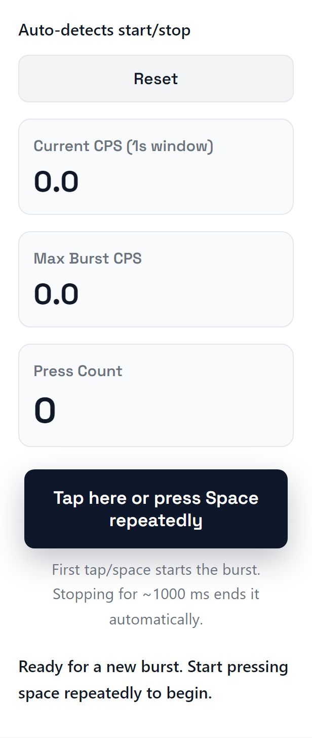 Mobile burst test view with short duration options.