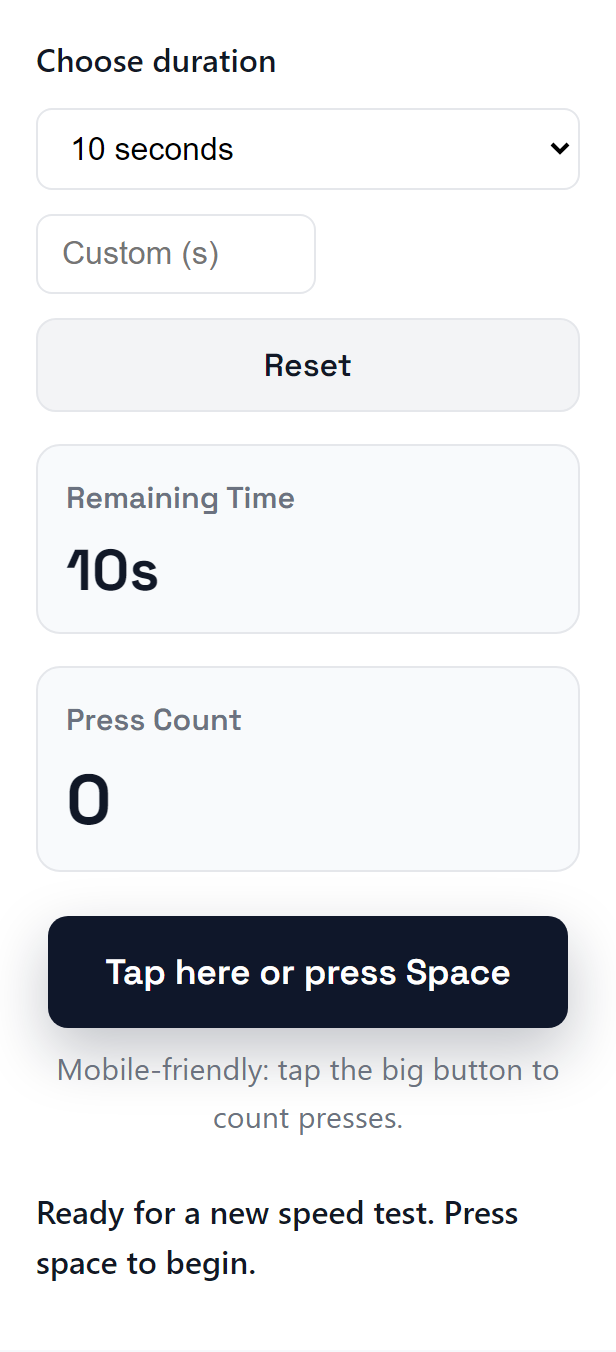 Mobile view of the spacebar speed test with a large tap button.