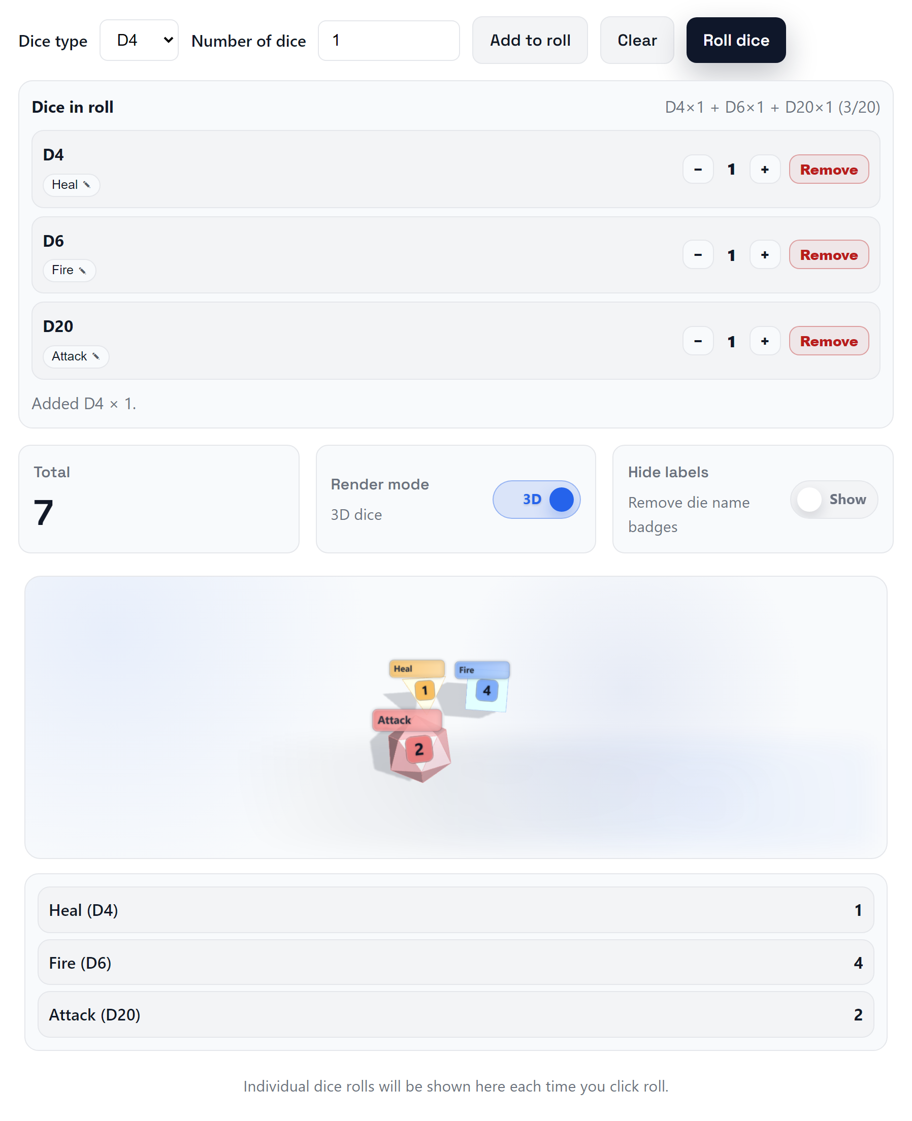 Dice roller showing a multi-dice roll with visible dice results and a total.