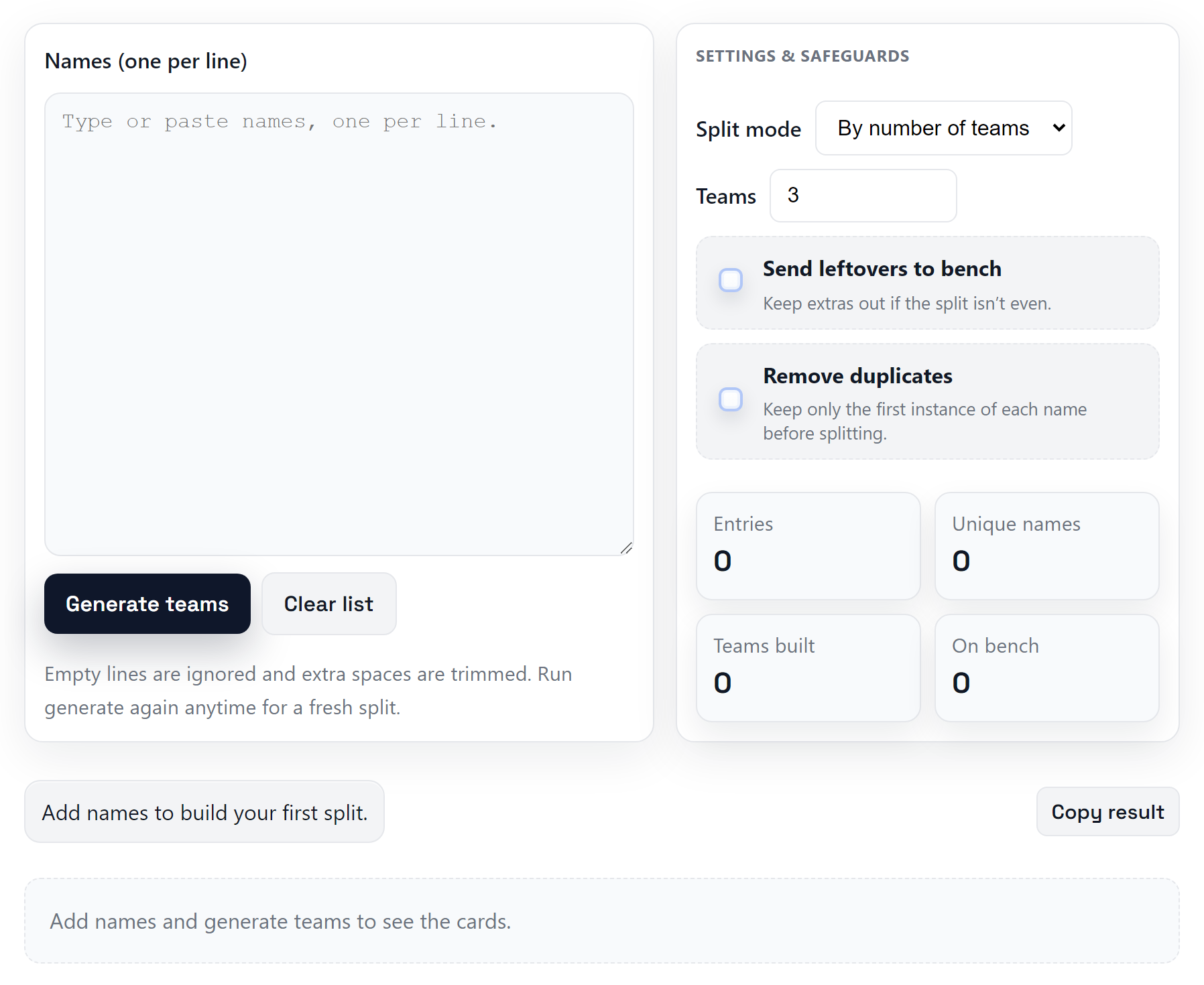 Team generator tool showing grouped results.