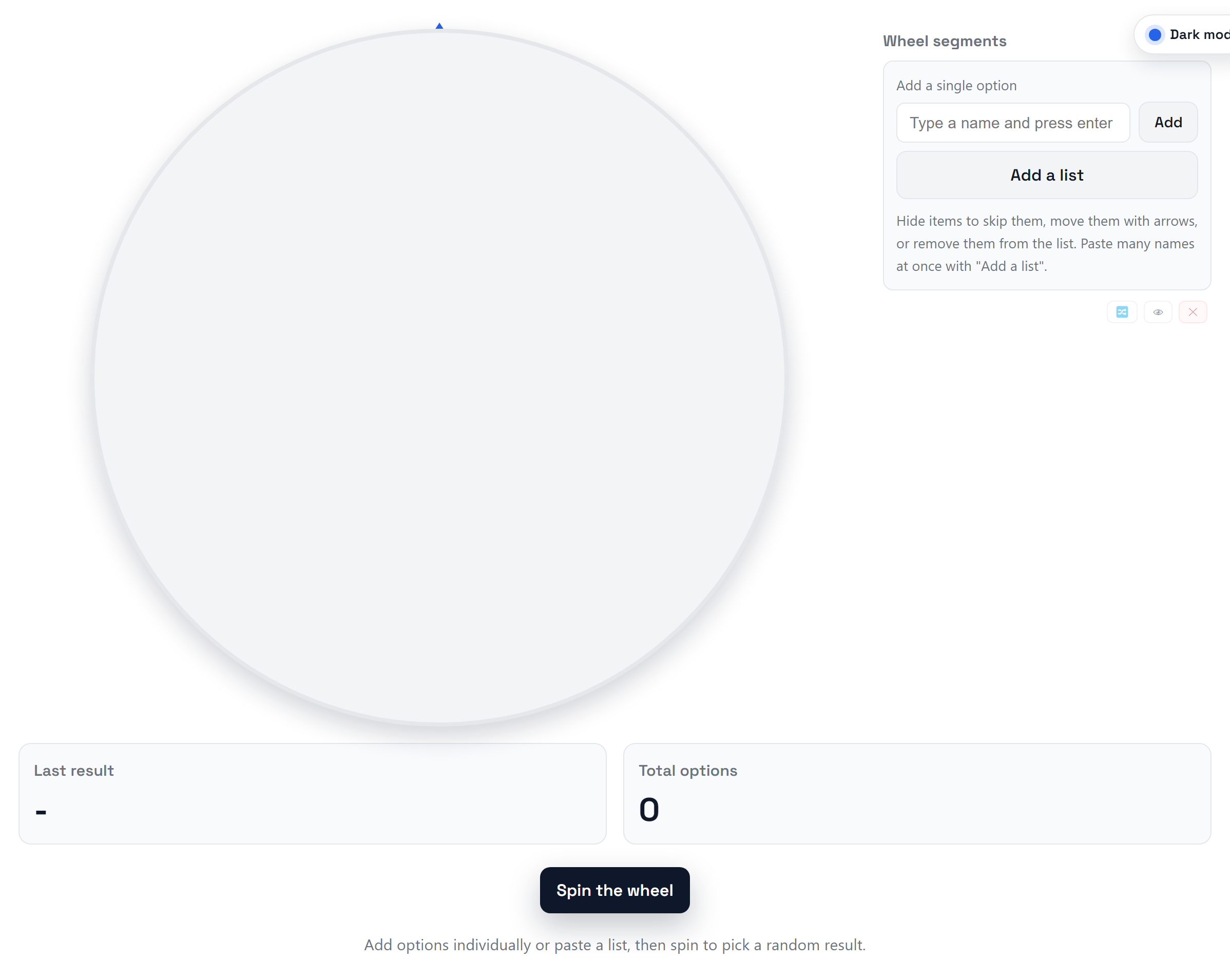 Wheel spinner tool with an option list and spin control.