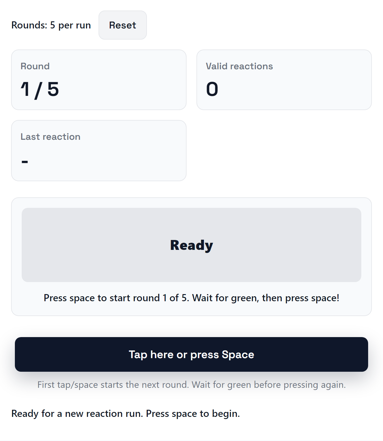 Reaction time test interface showing the round counter and the start prompt.
