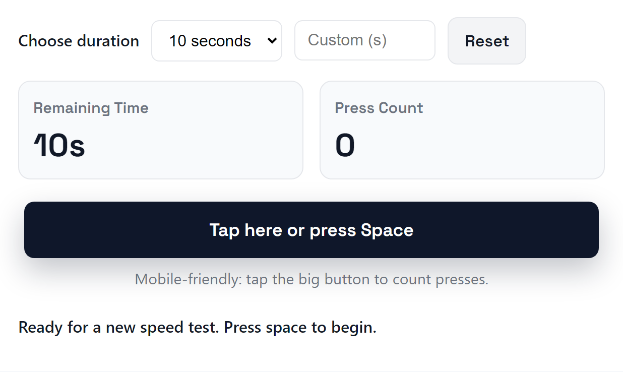 Spacebar speed test controls showing duration selection and the tap area.