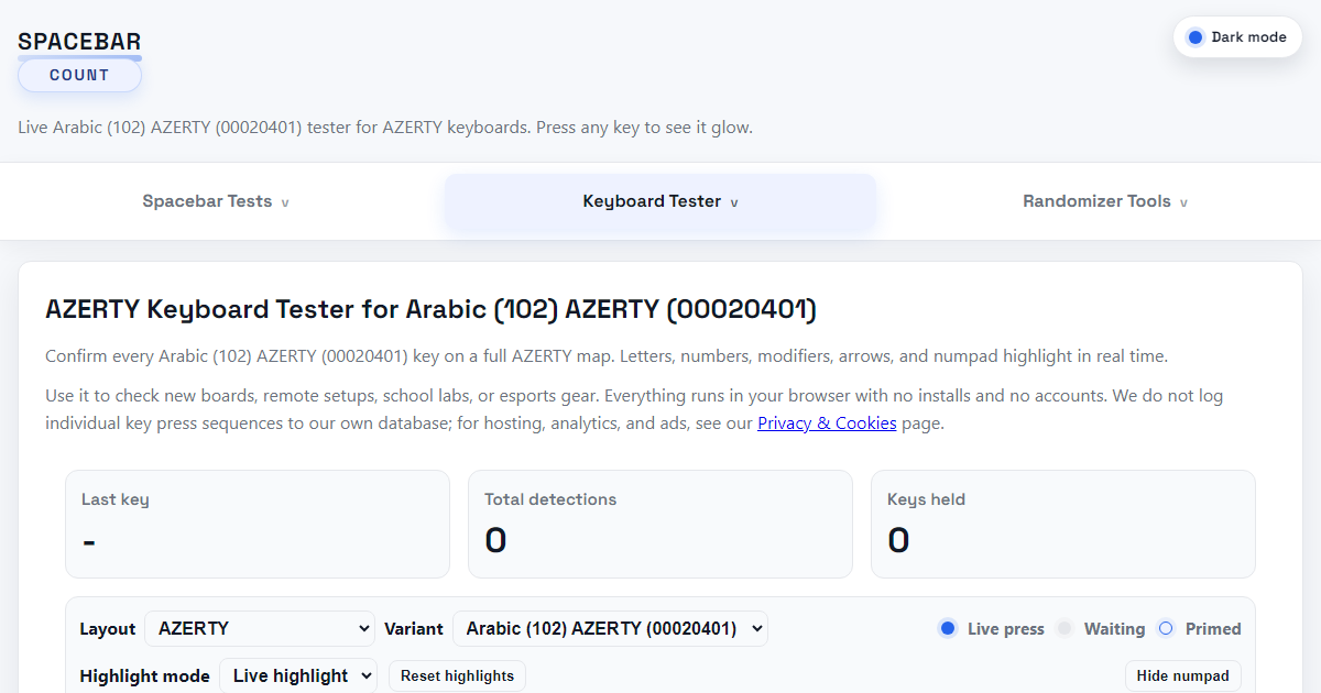 Arabic (102) AZERTY (00020401) Keyboard Tester | Live AZERTY Layout Checker